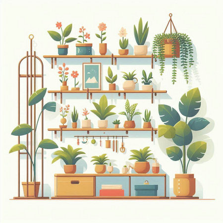Flower shop shelves with plants. Vector illustration in flat style.のイラスト素材