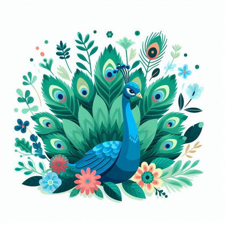 Peacock with flowers and leaves. Vector illustration in cartoon style.のイラスト素材