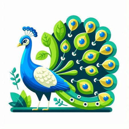 Peacock with green leaves isolated on white background. Vector illustration.のイラスト素材