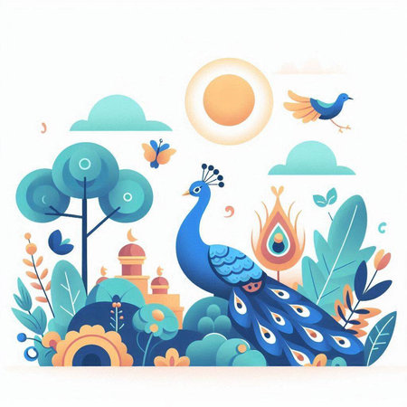 Vector illustration of Indian peacock with bird and sun. Colorful vector illustration.のイラスト素材
