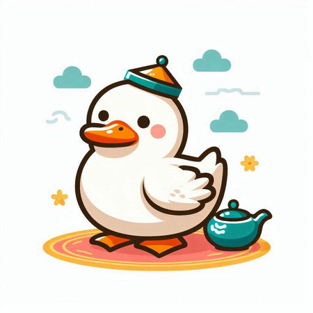 Duck with teapot. Cute cartoon vector illustration.のイラスト素材