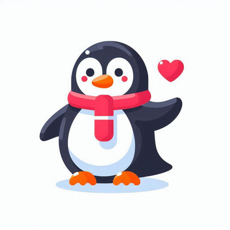 Cute cartoon penguin character with scarf and heart. Vector illustrationのイラスト素材