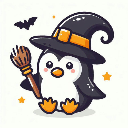 Cute cartoon penguin with witch hat and broom. Halloween vector illustration.のイラスト素材