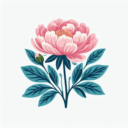 Beautiful pink peony flower with green leaves. Vector illustration.のイラスト素材