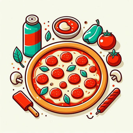 Pizza with ingredients for cooking. Vector illustration in cartoon style.のイラスト素材
