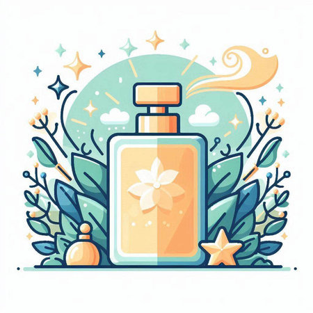 Cosmetic bottle with floral elements. Vector illustration in flat style.のイラスト素材