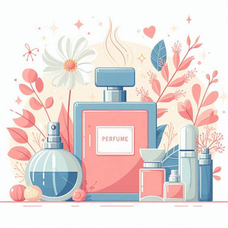 Perfume bottle with flowers. Vector illustration in flat style.のイラスト素材