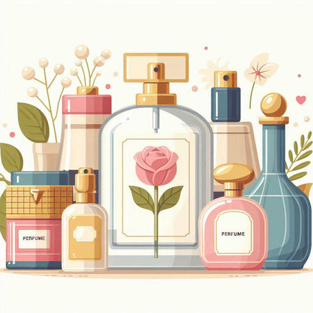 Perfume bottles and flowers. Vector illustration in flat style.のイラスト素材