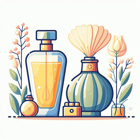 Perfume bottles and flowers. Vector illustration in flat style.のイラスト素材