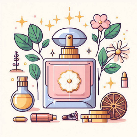 Perfume bottle with flowers. Vector illustration in flat style.のイラスト素材