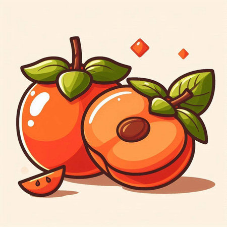 Ripe persimmon fruit with green leaves. Vector illustration.のイラスト素材