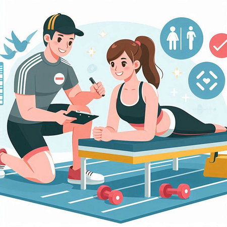 Athletic man and woman doing exercises at the gym. Vector illustration.のイラスト素材