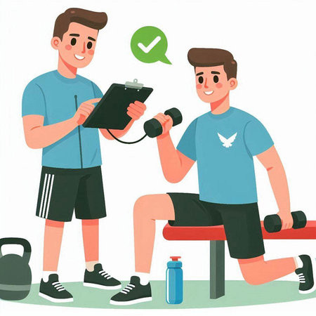Young man doing exercise with dumbbells and personal trainer. Vector illustrationのイラスト素材