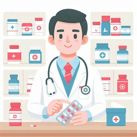 Male pharmacist at the counter in the drugstore. Vector illustration.のイラスト素材