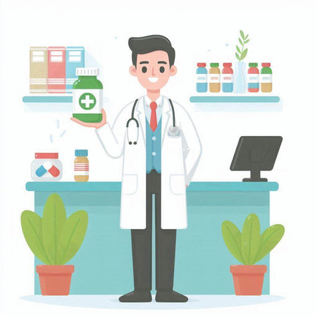 Doctor standing at the reception desk. Vector illustration in cartoon style.のイラスト素材