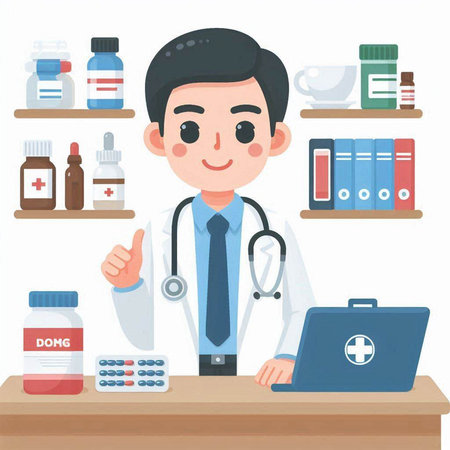 Male doctor with stethoscope in medical office. Vector illustration.のイラスト素材