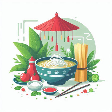 Vector illustration of Chinese noodles in a bowl with chopsticks. Asian cuisine.のイラスト素材