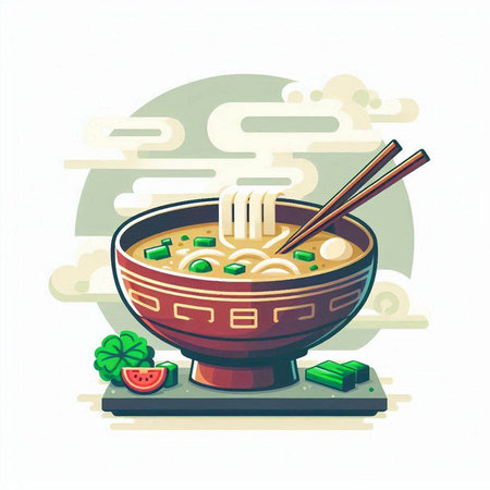 Illustration of a bowl of noodle soup with chopsticks.のイラスト素材