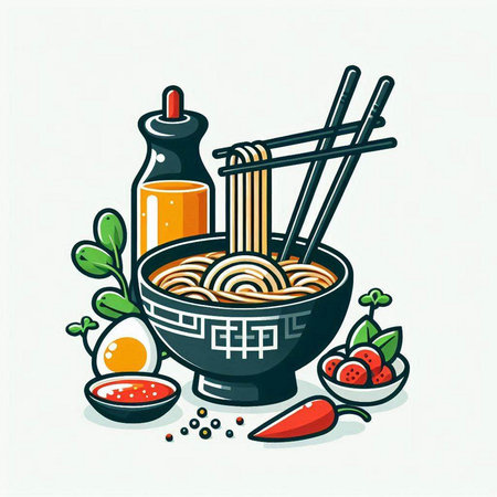 Noodles in a bowl with chopsticks. Vector illustration.のイラスト素材