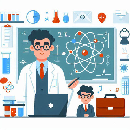 Scientist in laboratory. Vector illustration in flat style. Concept of education and science.のイラスト素材