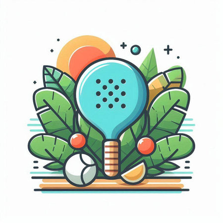 Tennis racket and ball with green leaves on white background. Vector illustration.のイラスト素材