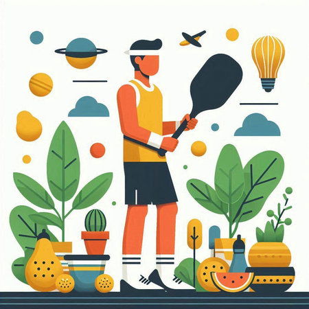 Vector illustration of a man with a tennis racket in his hands on the background of nature.のイラスト素材