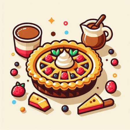 Vector illustration of a pie with berries, ice cream and coffee.のイラスト素材