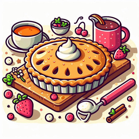 Vector illustration of a piece of pie, cup of coffee, cinnamon and strawberriesのイラスト素材