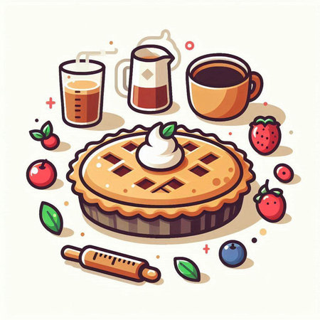 Vector illustration of a pie with berries and a cup of coffee.のイラスト素材