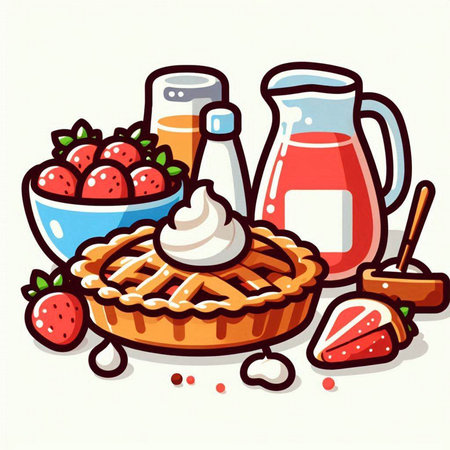 Illustration of a pie with strawberries and whipped cream. Vector illustration.のイラスト素材