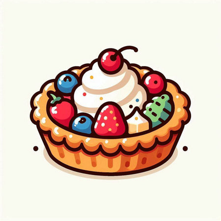 Hand drawn vector illustration of a cake with whipped cream and berries.のイラスト素材