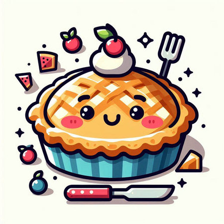 Cute cartoon apple pie with fork and knife. Vector illustration.のイラスト素材