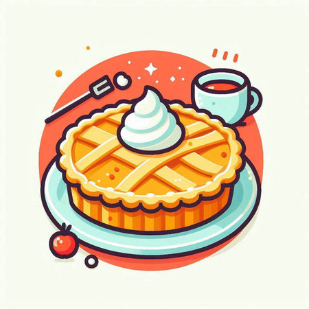Apple pie with whipped cream and cup of coffee. Vector illustration.のイラスト素材