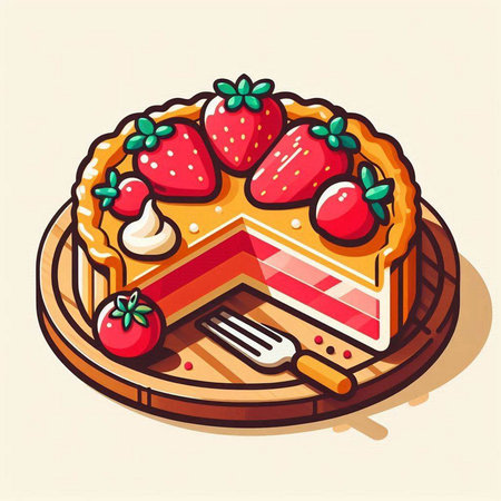 Strawberry cake on a wooden plate. Vector illustration in cartoon style.のイラスト素材