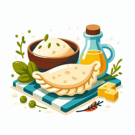 Vector illustration of a bowl with feta cheese, olive oil and herbsのイラスト素材