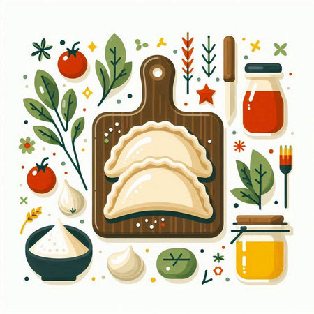 Vector illustration of traditional georgian food - ravioli, dumplings, tomato sauce, spices, olive oil, herbs and vegetables.のイラスト素材
