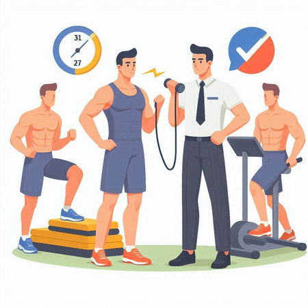 Exercising men in gym. Vector illustration in cartoon style.のイラスト素材