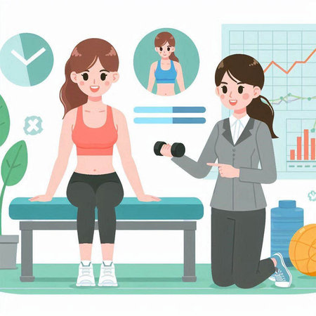 Healthy lifestyle concept with fitness woman and trainer. Vector illustration.のイラスト素材