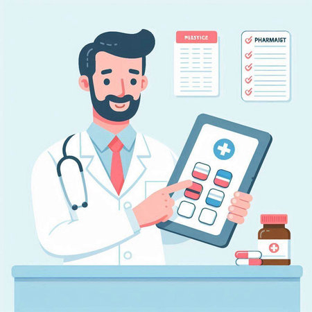 Doctor with tablet. Vector illustration in flat cartoon style. Health care concept.のイラスト素材