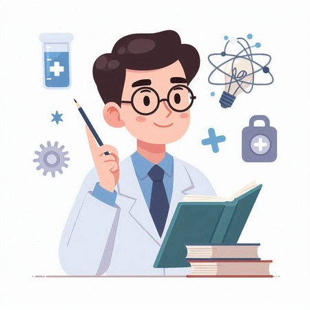 Scientist at work. Male character in the laboratory. Vector illustrationのイラスト素材