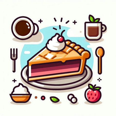 Vector illustration of a piece of pie on a plate with cup of coffeeのイラスト素材