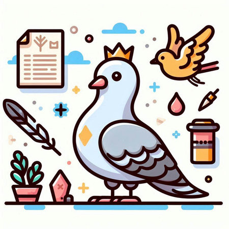 Vector illustration of a pigeon sitting on the ground, surrounded by various symbols.のイラスト素材