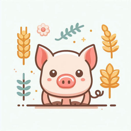Cute pig with ears of wheat and flowers. Vector illustration.のイラスト素材