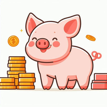 Cute piggy bank with coins. Vector illustration in flat styleのイラスト素材