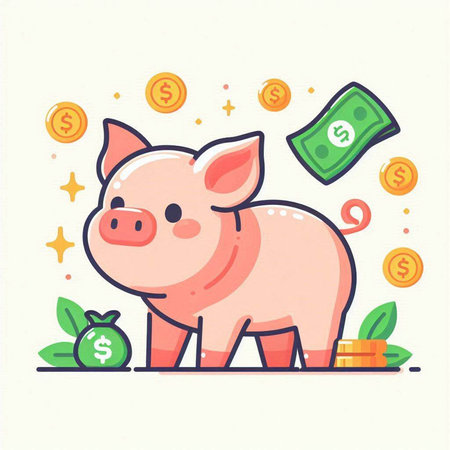 Cute piggy bank with money. Vector illustration in flat styleのイラスト素材