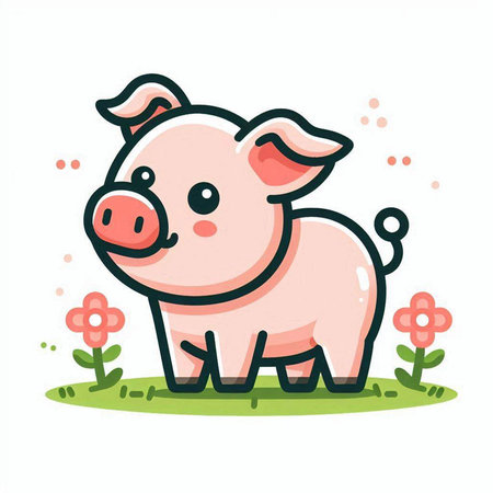 Cute little pig standing on the grass and smiling. Vector illustration.のイラスト素材