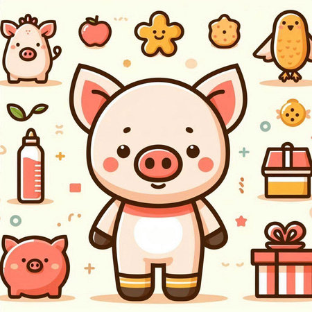 Cute piggy with gift box and food. Vector illustration.のイラスト素材