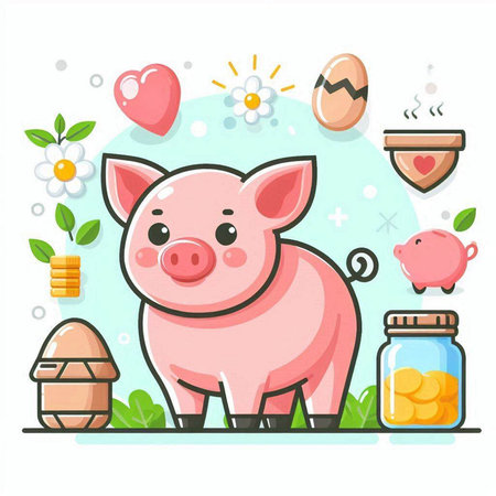 Cute piggy bank with eggs, coins and flowers. Vector illustration.のイラスト素材