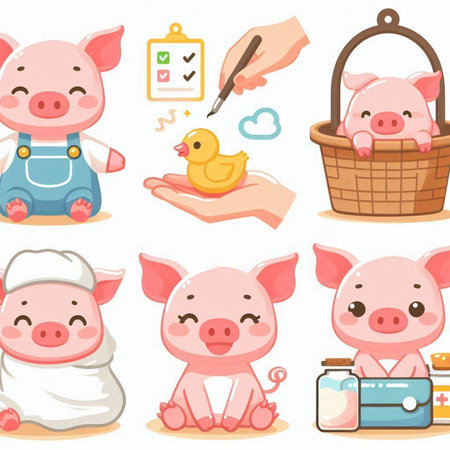 Illustration of a Set of Cute Pig Characters with Different Emotionsのイラスト素材