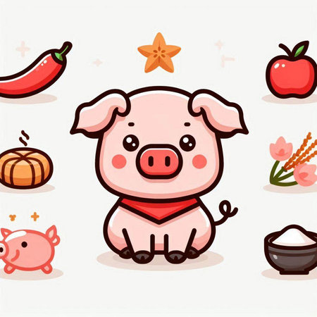 Cute cartoon pig character with food and vegetables. Vector illustration.のイラスト素材